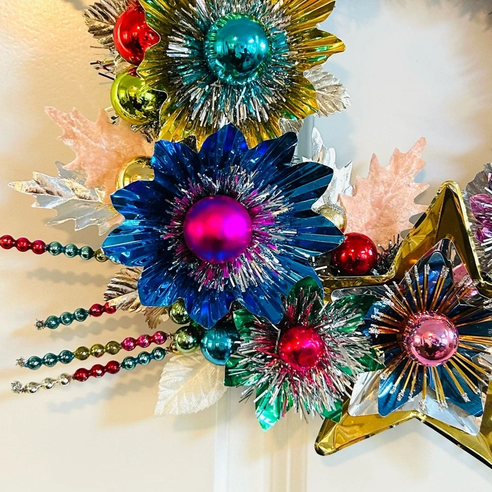 Vintage Repurposed Festive Silver Tinsel and Multicolor Holiday Wreath - Picture 4 of 7
